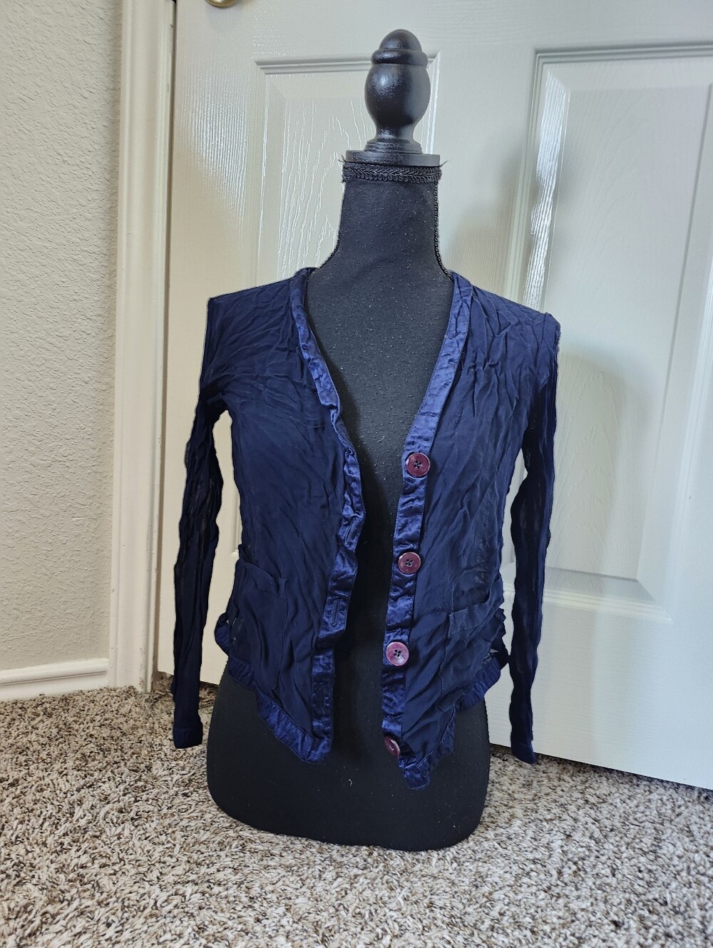 Express Navy Ruffle-Trim Button Cardigan